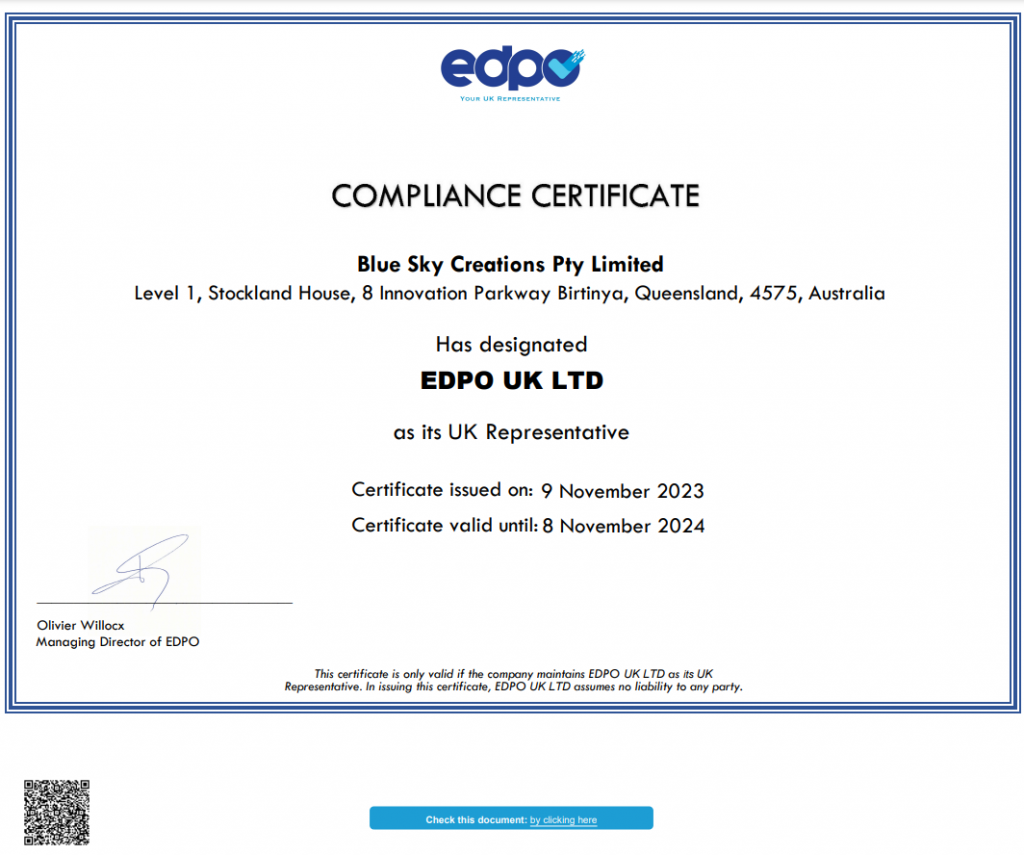 Blue Sky Creations Pty Limited Compliance UK Representative Compliance Certificate