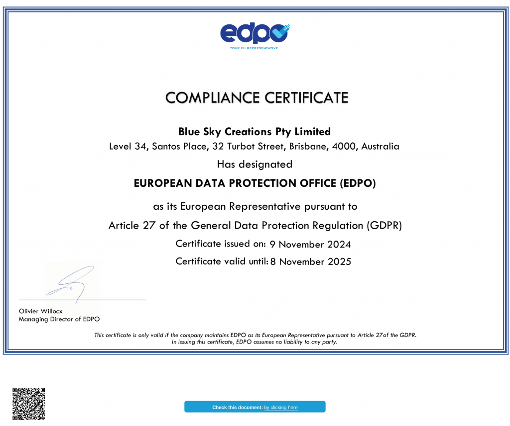 Blue Sky Creations Pty Limited Compliance EU Representative Compliance Certificate