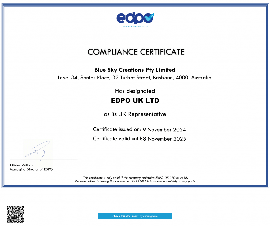 Blue Sky Creations Pty Limited Compliance UK Representative Compliance Certificate